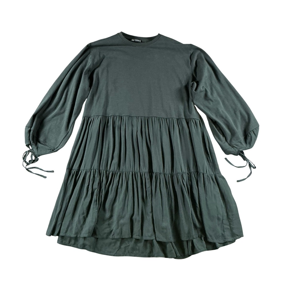 Zara Womens Small Forest Green Tiered Babydoll Mini Dress Balloon Sleeve Tie